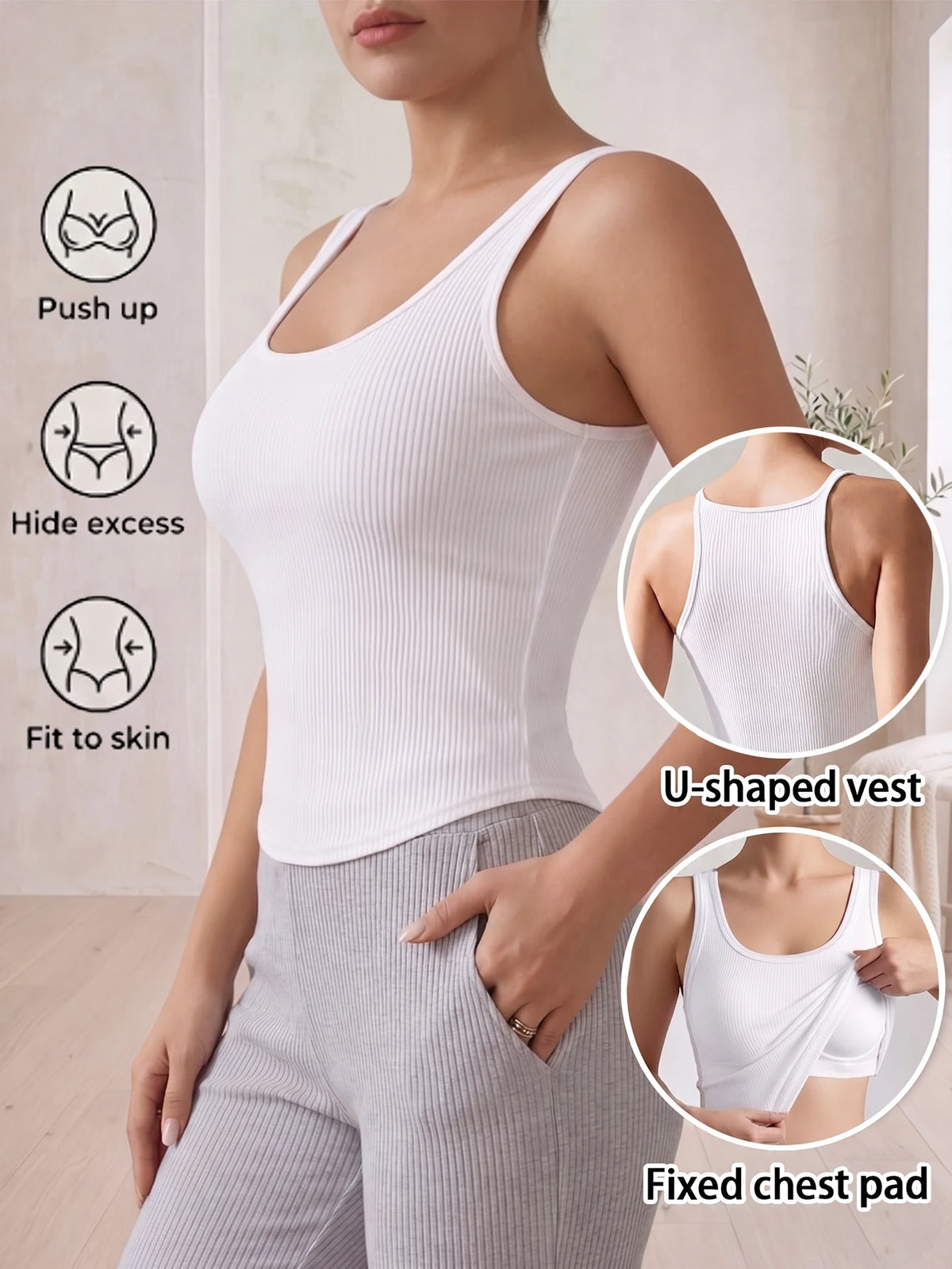Women's Ribbed Wireless Padded Camisole Sleeveless Racerback Tank Top Yoga Workout Vest Breathable Daily Wear Underwear