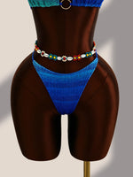 Sexy Blue Gradient Knitted 4 Piece Bikini Set 2026 Swimwear Women Long Sleeve Cover Up Drastring Skirt Holiday Thong Swimsuit
