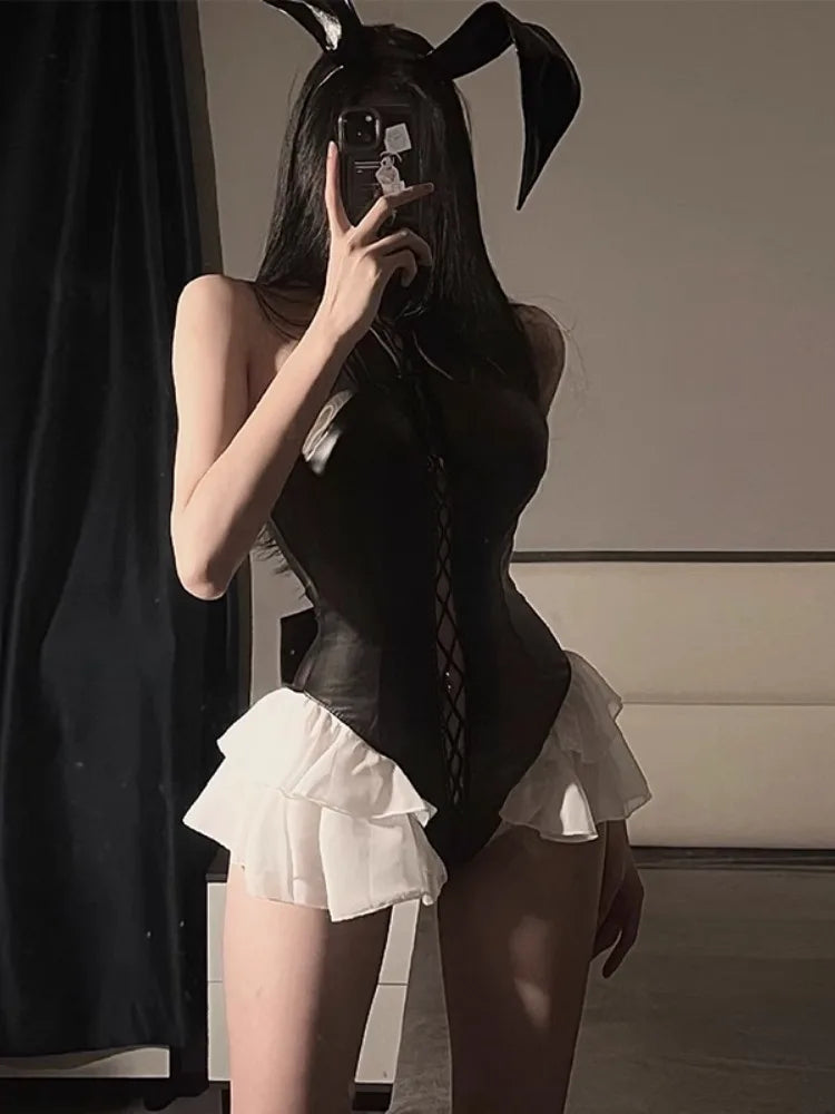 Bandage Bunny Lingerie Women Evening Dress Cosplay Sexy Costumes Hollow Short Skirt Sleeveless Leather Sleepwear Erotic Nightie