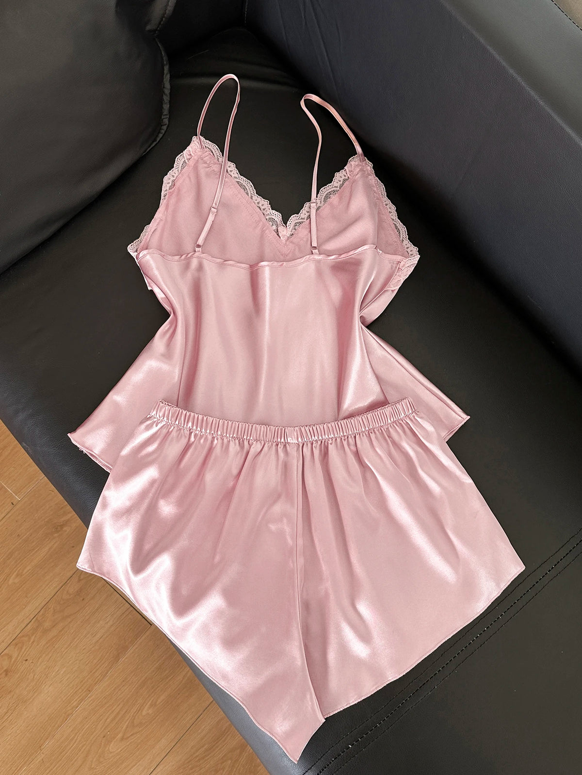 Women's 2 Piece Satin Pajama Set Pink Lace Trim V-Neck Cami Top and Shorts Elegant Sexy Sleepwear Solid Loungewear for Summer