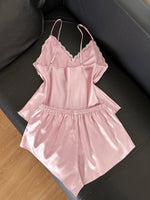 Women's 2 Piece Satin Pajama Set Pink Lace Trim V-Neck Cami Top and Shorts Elegant Sexy Sleepwear Solid Loungewear for Summer