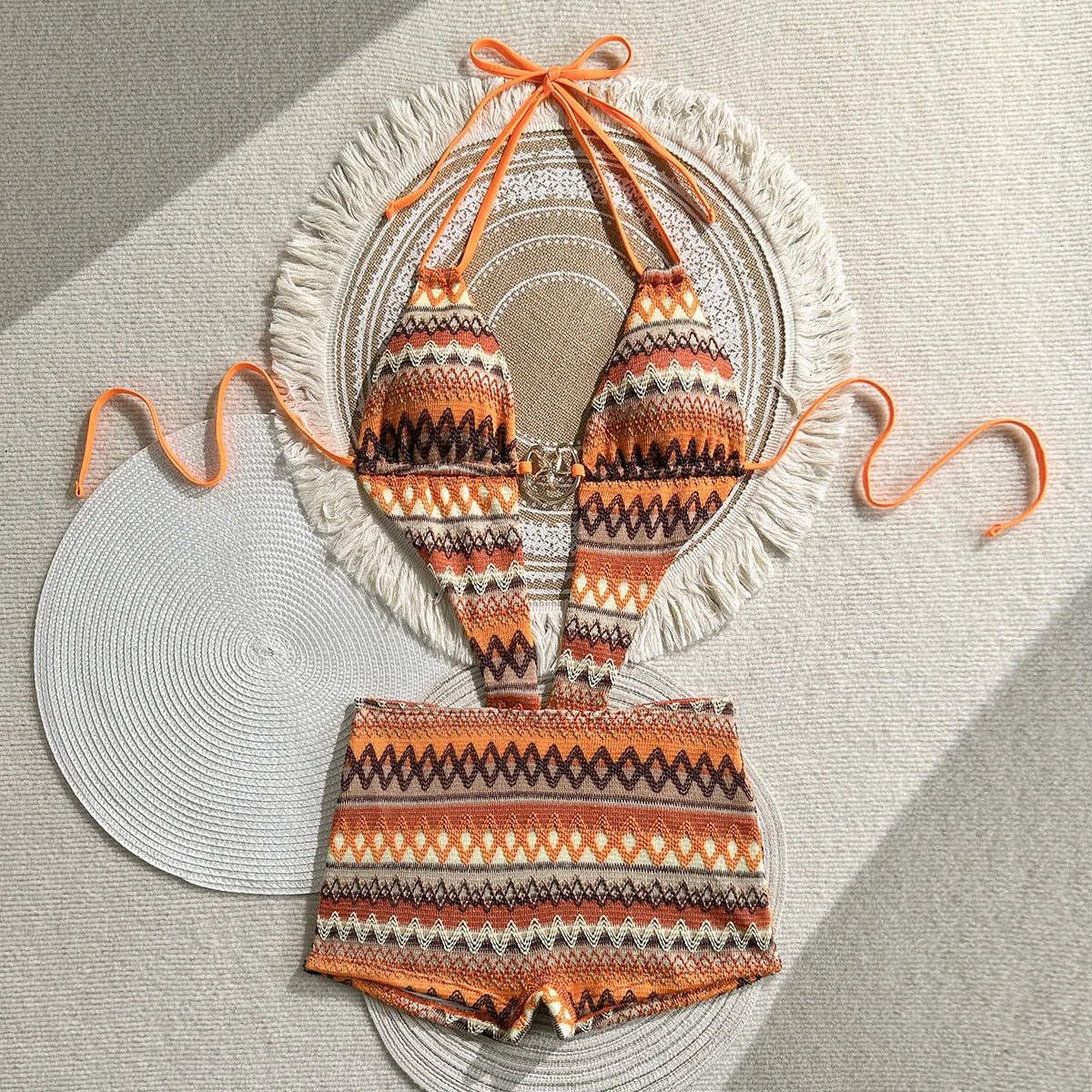 Sexy Hot Pink Knitted Striped Swimsuit 2026 Women Metal Circle Patchwork Hollow Backless Beach Bathing Suit One Piece Swimwear