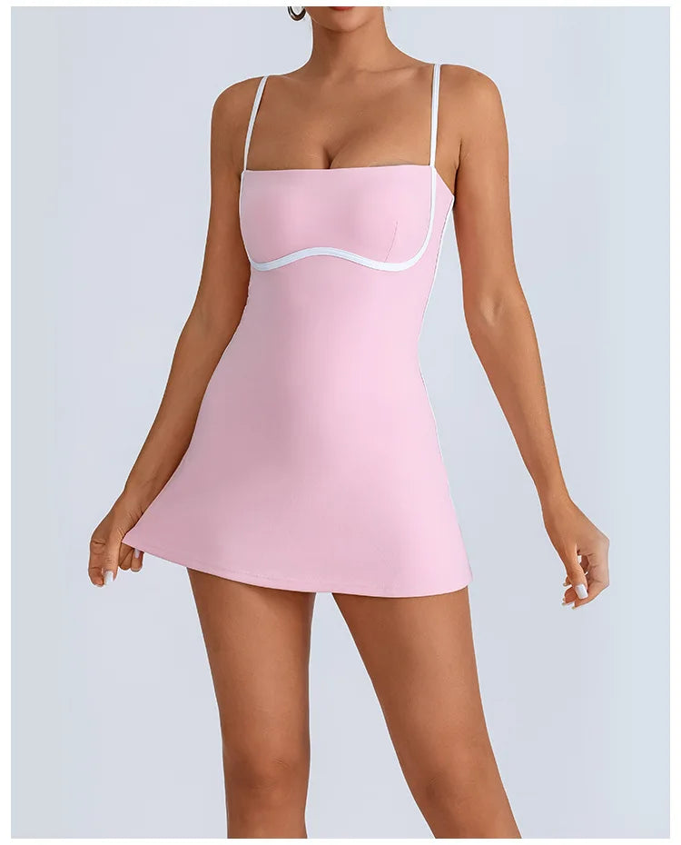 Women's Tennis Dress Summer Sleeveless Pink Contrast Workout Yoga Dresses Build in Shorts Fashion Tight Fitting Skirts Suit