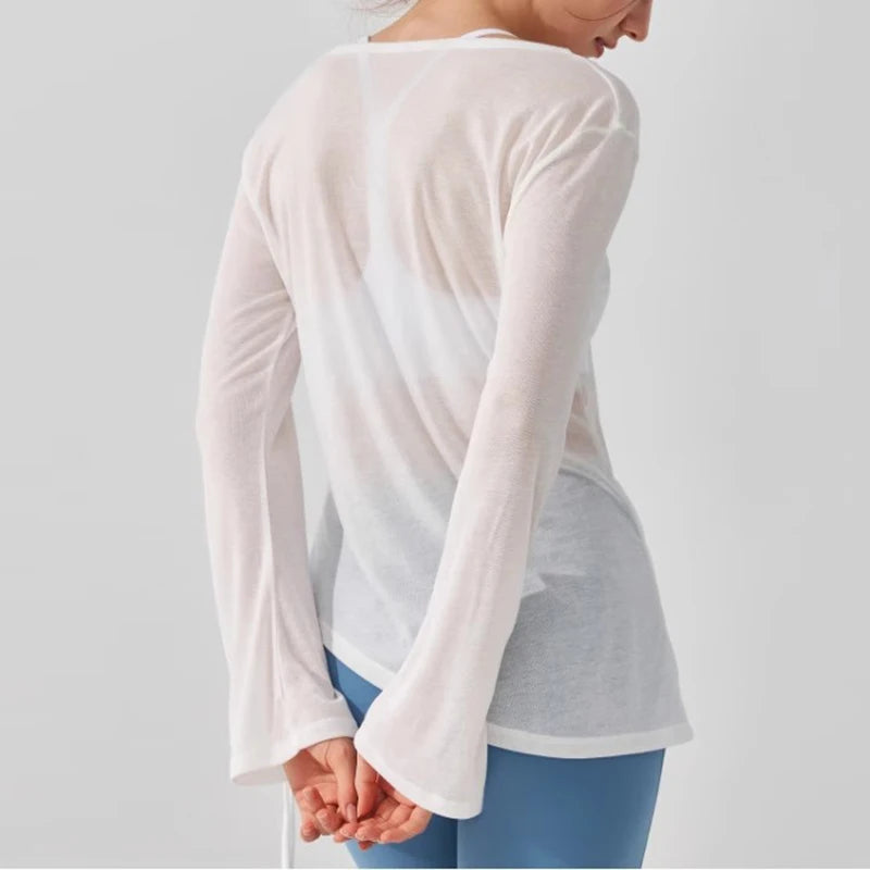 Women's Yoga Sports T-Shirt Drawstring Light Thin Loose Fit Irregular Hem Long Sleeve Fitness Cover Shirt