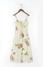 Spaghetti Strap Lace Up Beige Chiffon Summer Dress Sexy Slip Midi Sleeveless Dress Robe Big Flower Print Women Beach Dress Boho