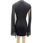 Women's Cape Sleeve Dress Mock Neck Bodycon Mini Dress Sexy Shiny Chiffon Cloak Sleeve Cocktail Dress for Wedding Evening Party
