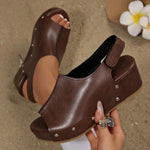 Black Pu Leather Wedge Heel Sandals Women Rivets Back Strap Platform Sandles Woman Plus Size 43 Thick Sole Rome Sandalias Mujer