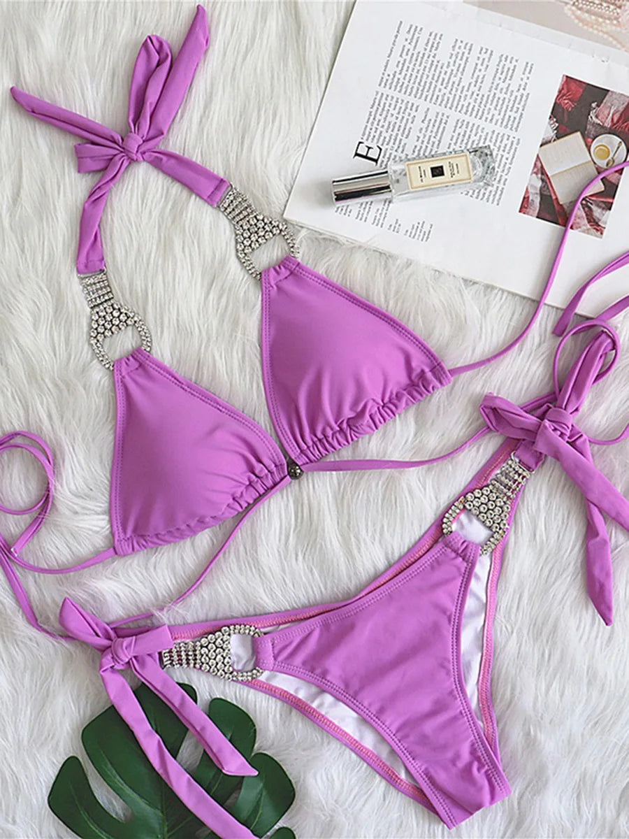 Halter Crystal Rhinestone Diamond Bikini 2026 Female Swimsuit Women Swimwear Two Pieces Bikini set Brazilian Bathing Suit Swim