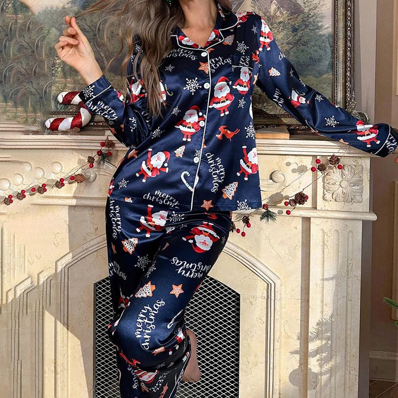 Women Satin Christmas Pajama Set Santa Snowflake Print Button Down Long Sleeve Top & Long Pants 2PCS Silk Sleepwear Loungewear
