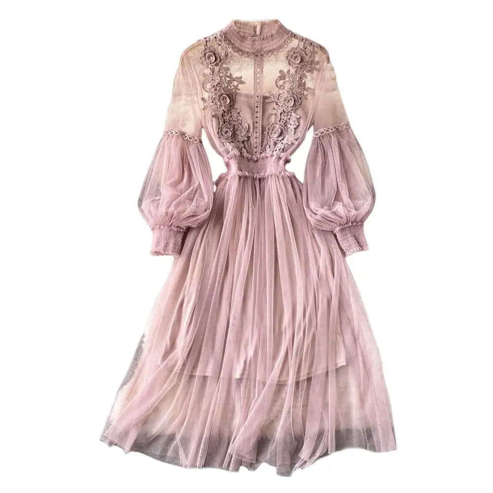 2 Pcs/Set Women Dress Suit Floral Embroidery See-through Lace Lantern Sleeves Pleated A-line Elastic Waist Dress Slip Dress Suit