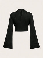 Casual Black Mock Neck Flare Long Sleeve Crop Top Women Fall Winter Y2K Clothes Solid Color Slim Fit Tee Shirt Blouse Streetwear