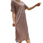 Summer Women Dress Small Flower Print Crew Neck Loose Short Sleeves Pleated Dating Shopping Midi Dress Mid-calf Length Pullover