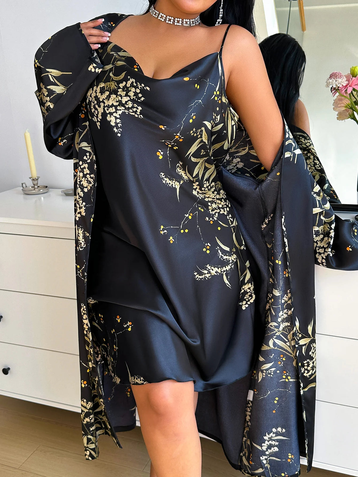 Plus Size Cherry Floral Print Women Pajama Set Sexy Slip Nightgown with Robe Two Piece Loungewear for Women
