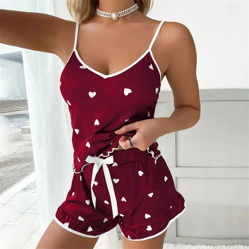 Women Pajamas Set Summer Large Size Vest Shorts Women's Suspenders Soft Casual Cute Printed Pajama Set
