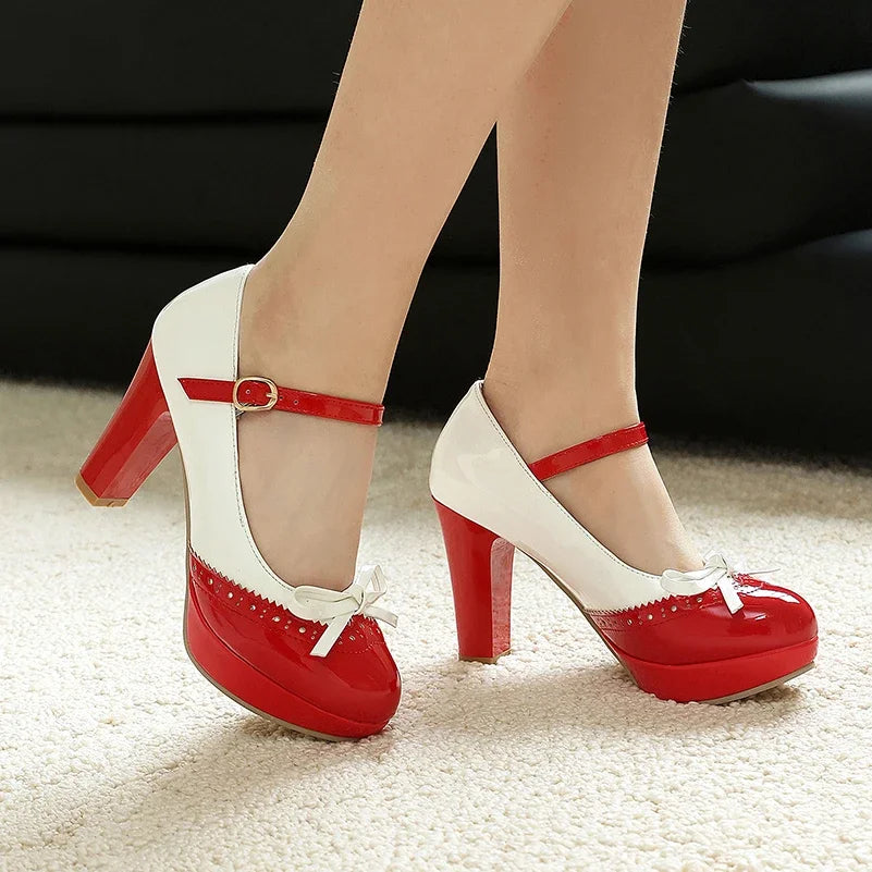 Plus Size Crossed Thin Ribbon Bow Shallow High-Heeled Shoes Patent Leather Splicing White PU Sweet Lolita Style Pumps