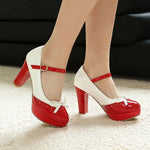 Plus Size Crossed Thin Ribbon Bow Shallow High-Heeled Shoes Patent Leather Splicing White PU Sweet Lolita Style Pumps
