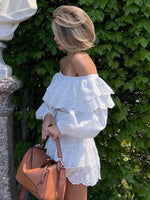 Foridol Summer Off Shoulder White Lace Skirt Set Dress Women Outfits Ruffles Tiered Mini Flower Embriodery Two Pieces Beach Suit