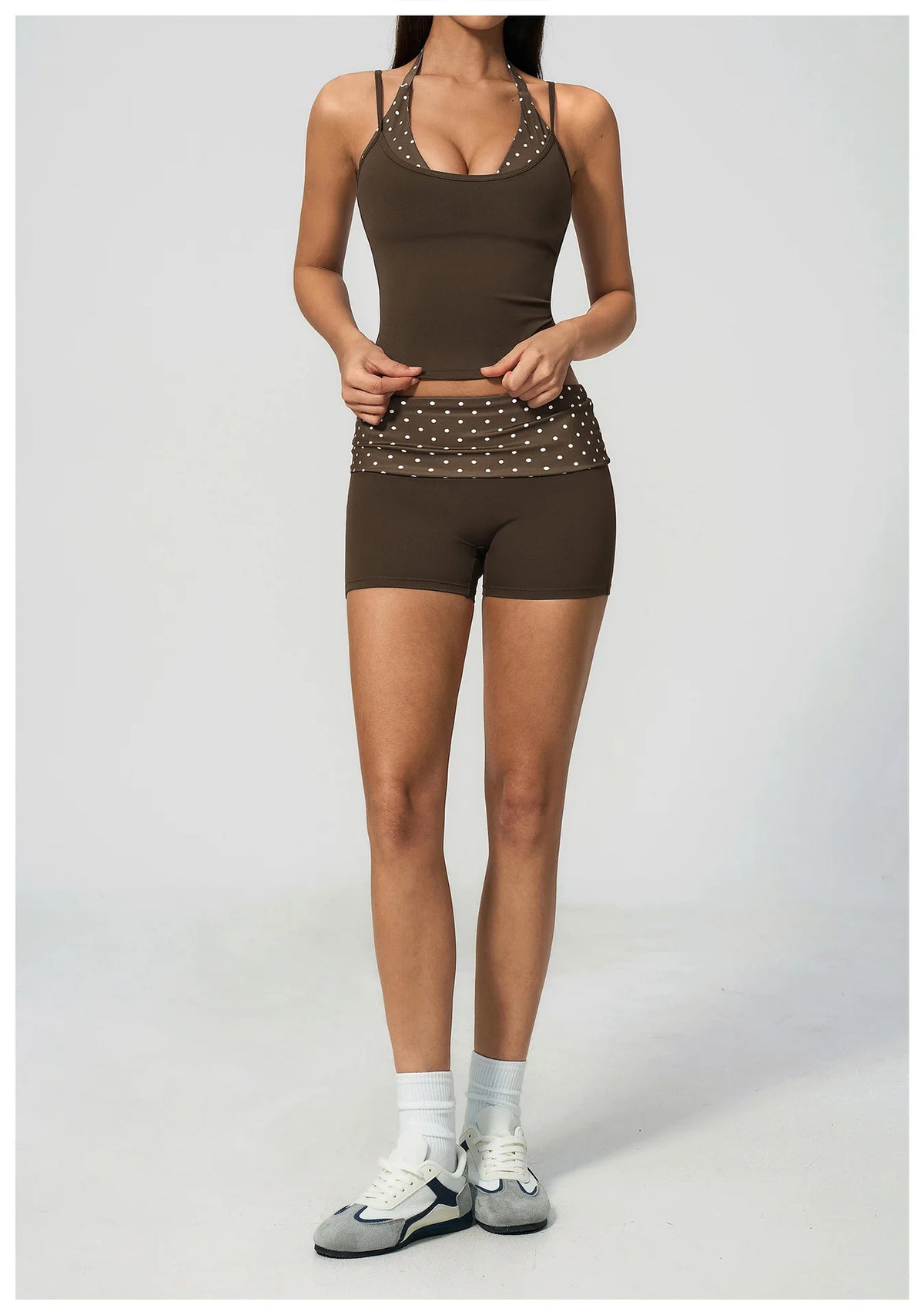 Quick Drying Polka Dot Patchwork Yoga Sets Women Hanging Neck Slim Shockproof Sports Tank Top Gym High Waist Shorts Fitnss Suit