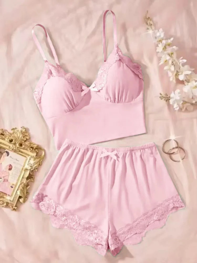 Women Sleepwear 2pcs Floral Contrast Lace Pajama Set V Neck Solid Color Bow Top & Shorts Suit Home Clothes Loungewear