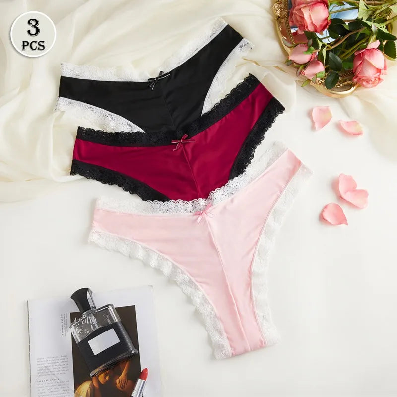 3pcs/Set Women's Low-Rise Triangle Panties French Lace Patchwork 2-Color Briefs Thin Gusset Chic Delicate Intimate Underwear