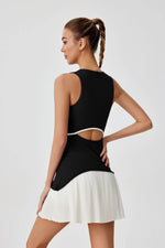 Women One-piece Tennis Dress Summer Black Contrast Pleated Anti Light Speed Dry Sports Dresses Hollowed Out Back Yoga Clothes