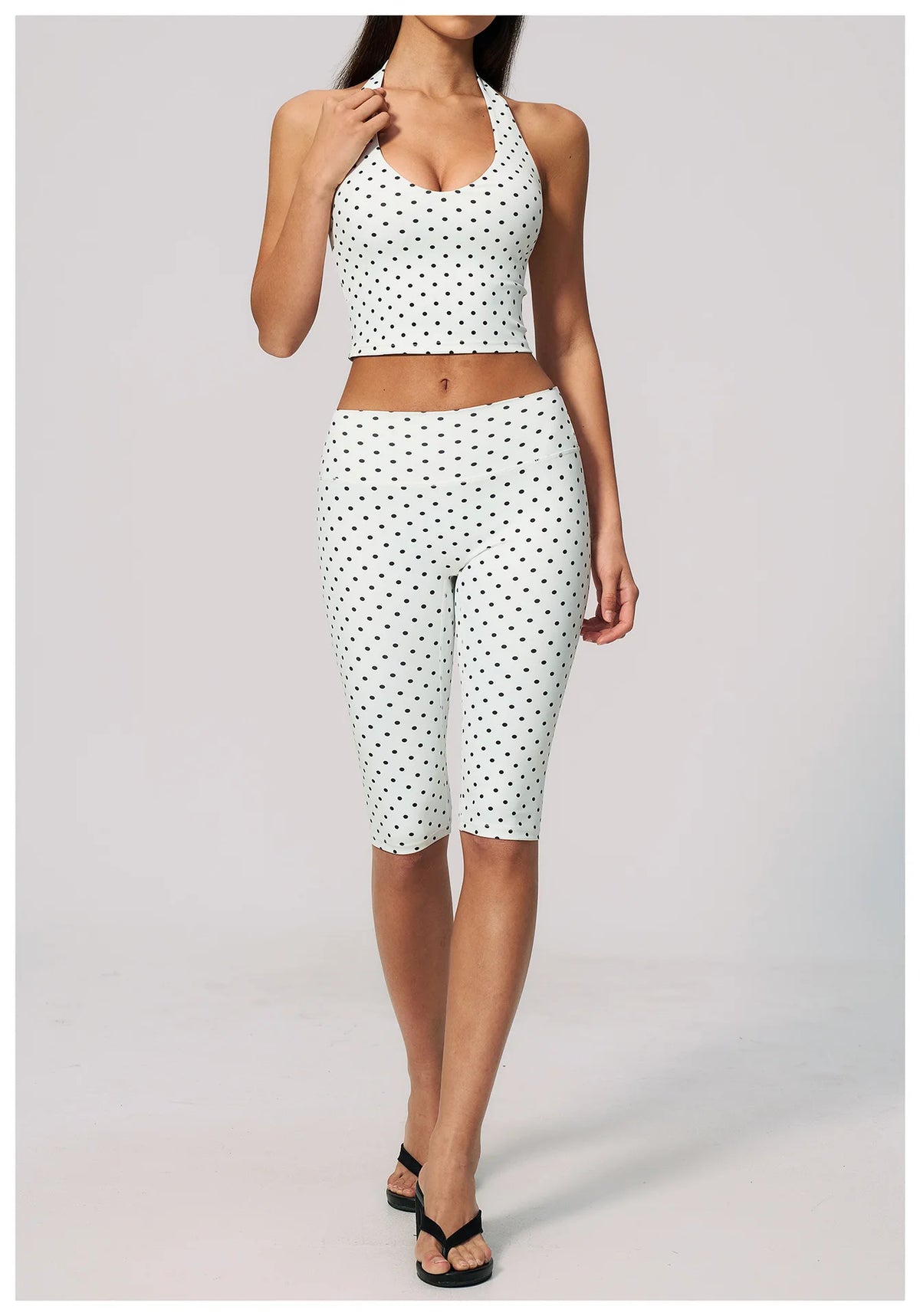 New Summer Women White Polka Dot Print Yoga Sets Hanging Neck Slim Sport Vest High Waist Mid Pants Gym Two-piece Workout Clothes