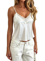 Women Satin Pajama Top Lace V‑Neck Tank Top Fashion Sleeveless Sleepwear Solid Color Versatile Top Ladies' Clothing