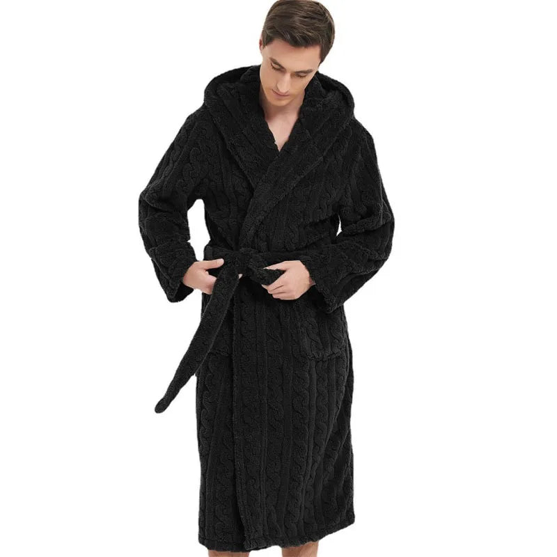 The New Fall and Winter Men's Warm Robe Pajamas Couple Robe Shu Cotton Velvet Jacquard Hooded Thickened Couple Robe Homewear