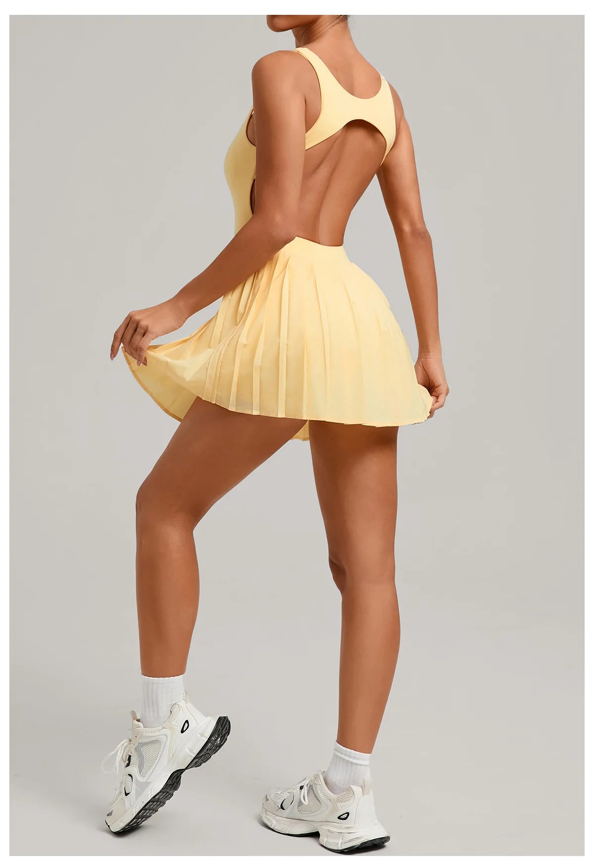 New Large Backless Tennis Dresses Women Solid Color Sleeveless Glare Pleated Yoga Skirt with Pocket Shorts Running Fitness Dress