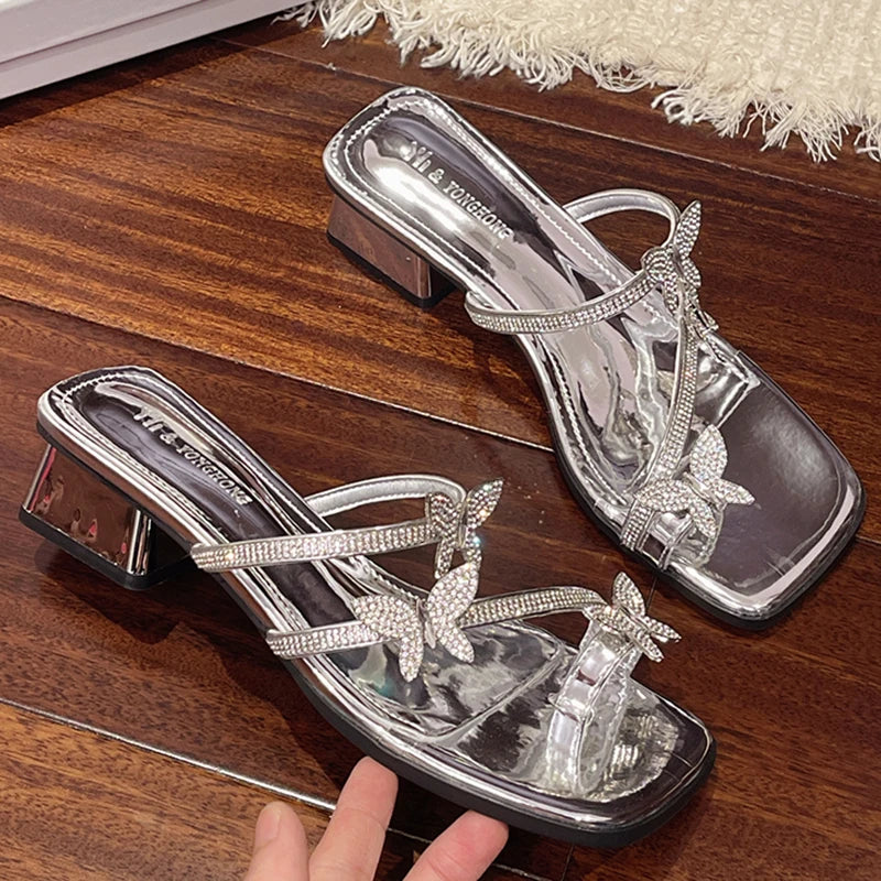 2025 Fashion Silver Crystal Sandals Women Rhinestone Butterfly Thick Heel Sandles Woman Summer Med Heeled Party Shoes Female