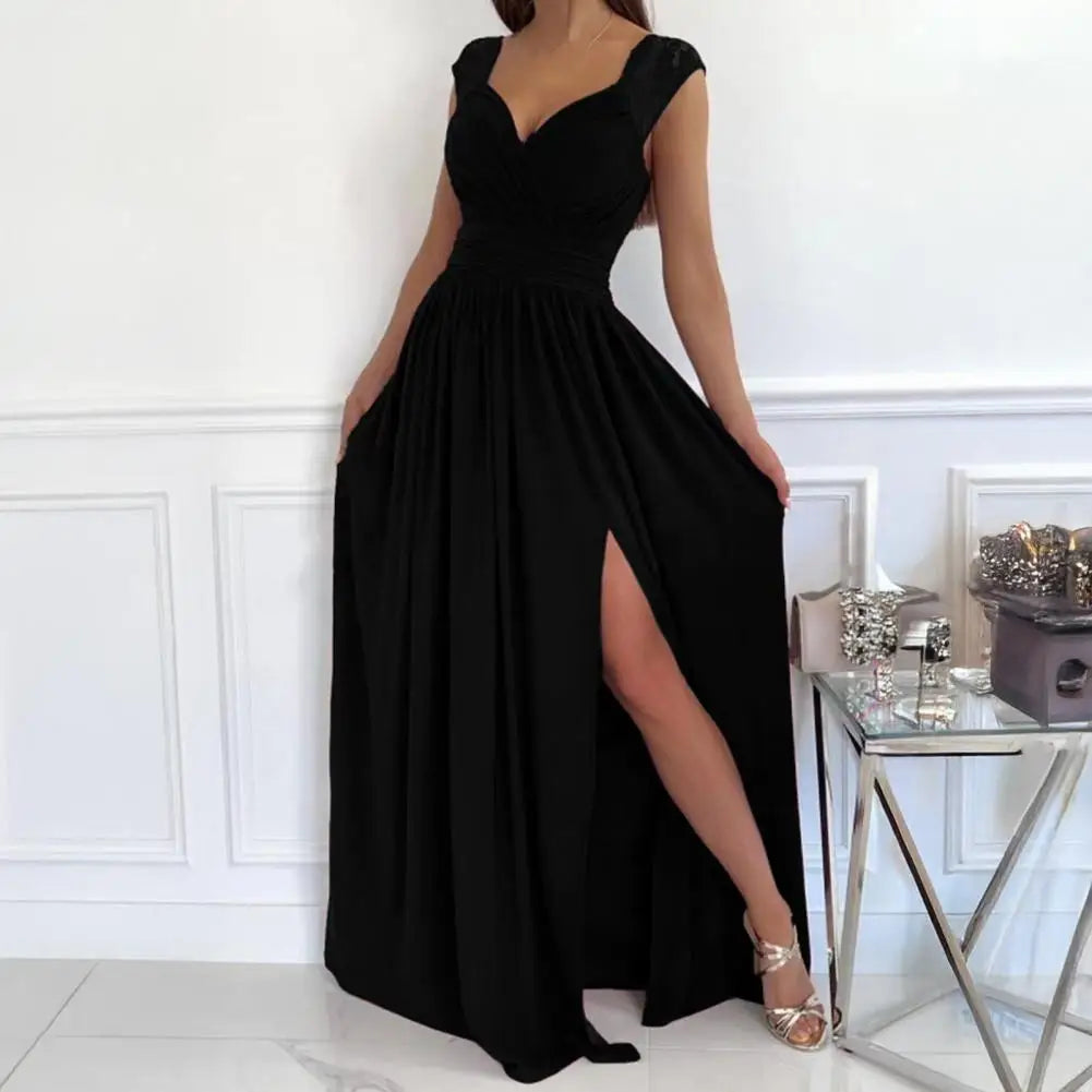 Sexy V Neck Long Prom Dress Women's Off Shoulder High Split Maxi Dress Formal Cocktail Party Evening Gown with Train