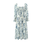 French Casual Style Square-neck Slim-fit Dress Feminine With Side Slit Three-quarter Sleeves Waist Cinching Printed Holiday THF3