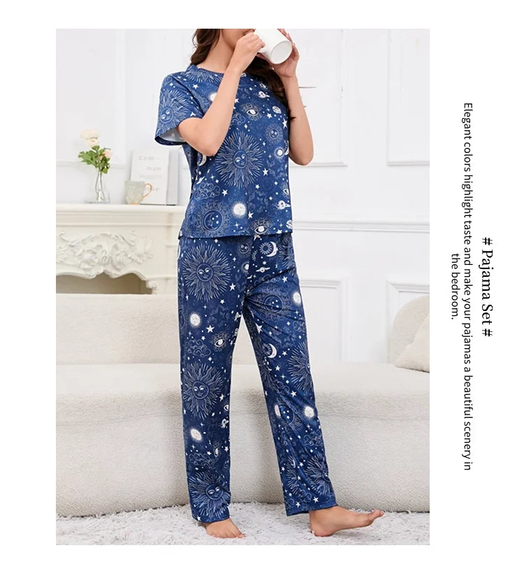 3-Piece Heart Print Pajama Women Sleepwear Home Clothes Short Sleeve Top with Shorts & Long Pants Pajamas Loungewear Short Suit