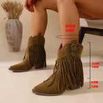 Women Ankle Boots AutumnSuede Chelsea Boots Pointed Toe Tassel High Heel Shoe Rivet Fashion Retro Cowboy Boots Botas Mujer