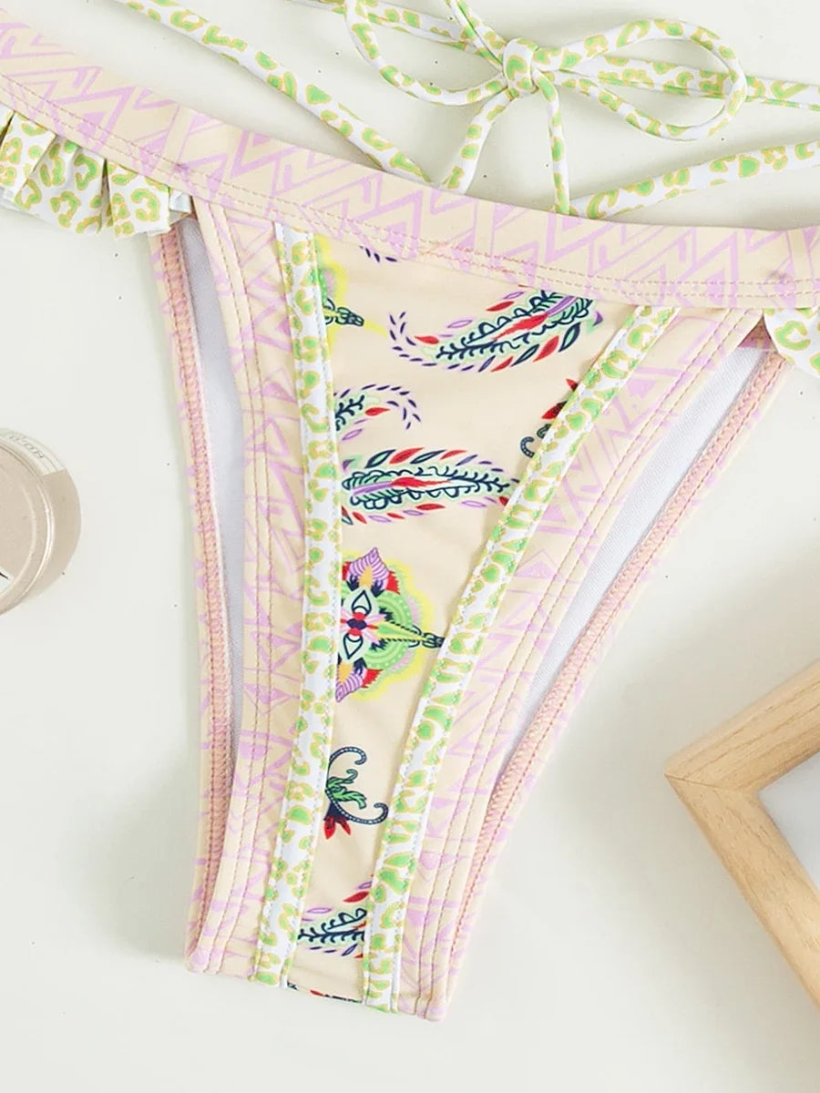 Floral Printed Halter Ruffled Frilled Bikini Women Swimwear Female Swimsuit Two-pieces Bikini set Thong Bathing Suit Swim Lady