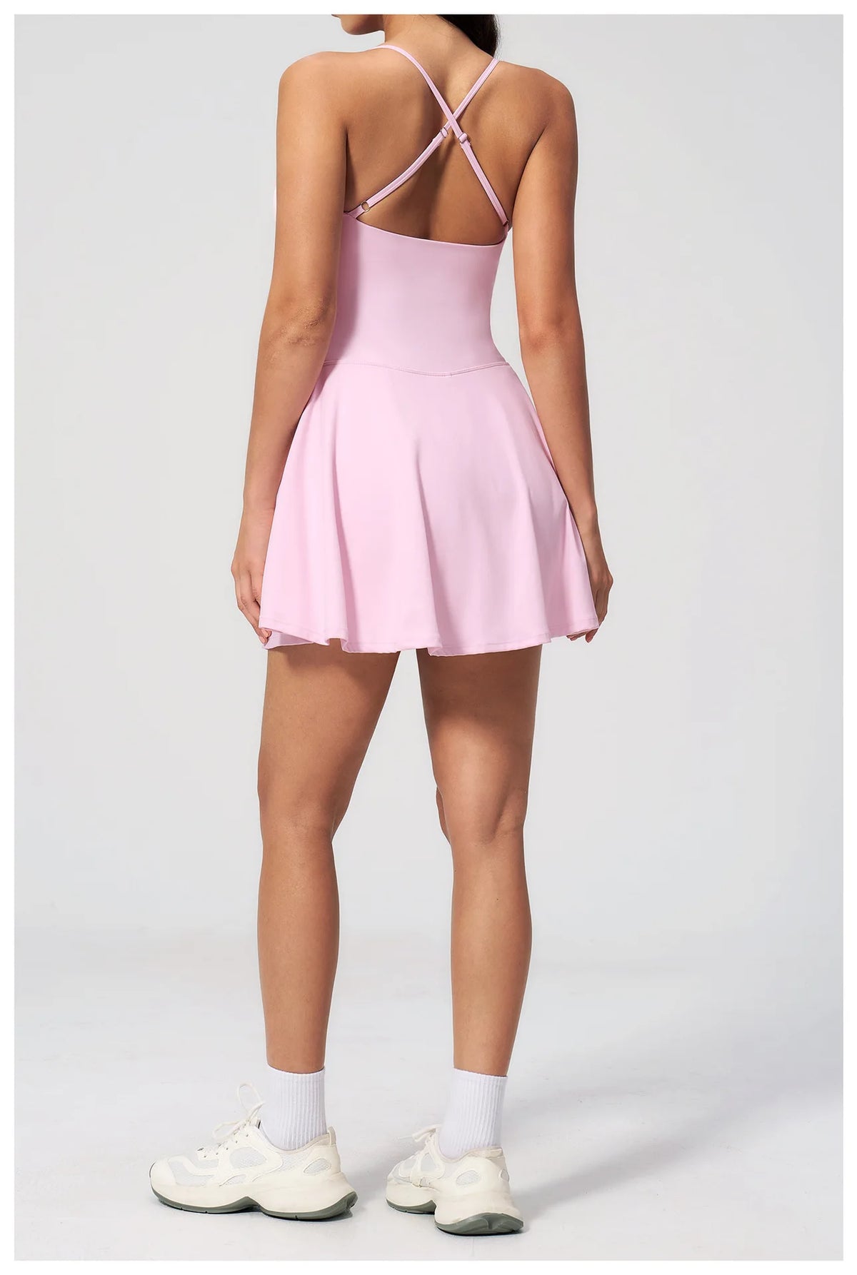 Women Tennis Dress with Shorts Pocket Square Neck Hollow Back Sleeveless One Piece Sports Outfit Fitness Pleate Mini Dresses