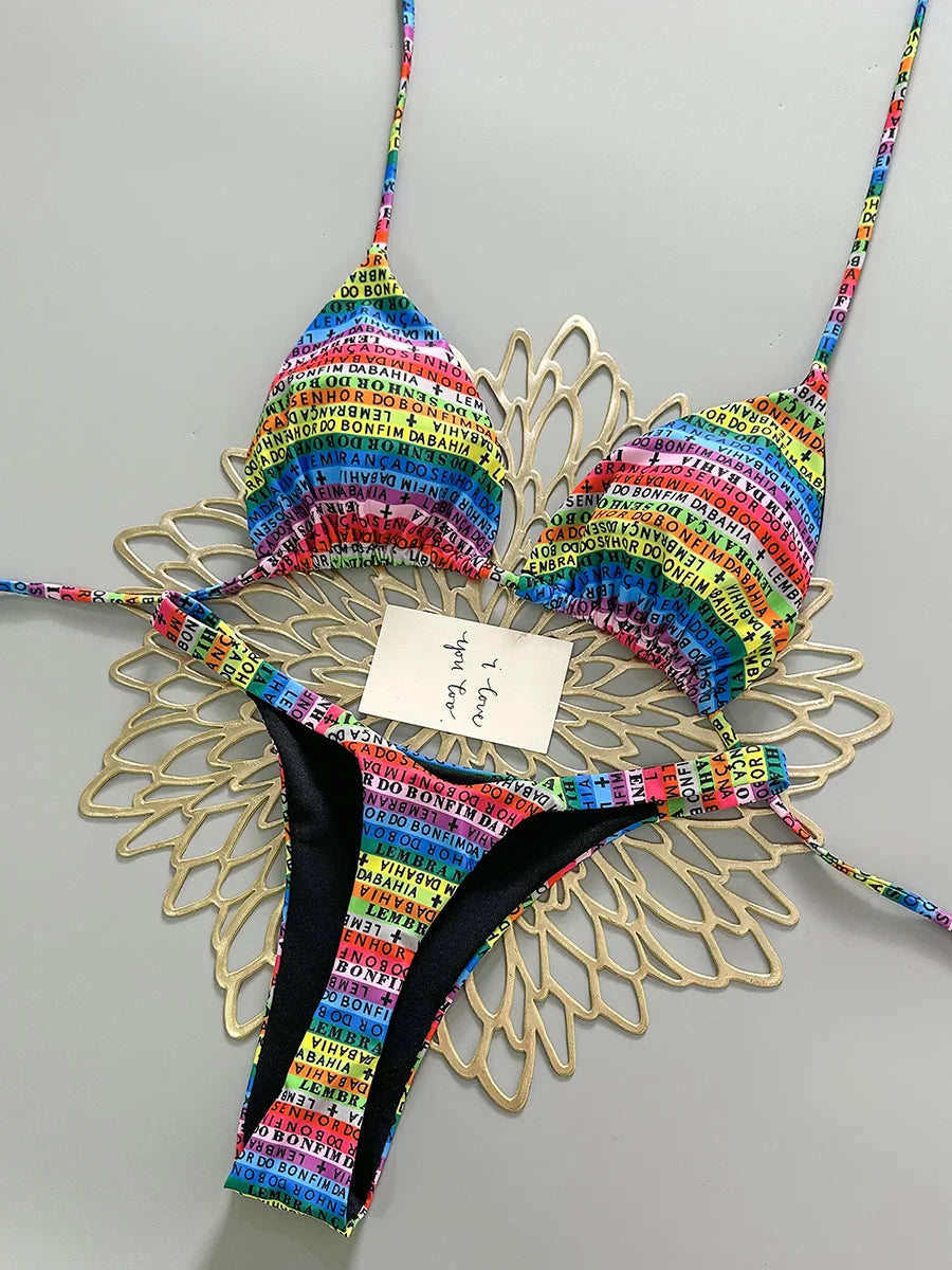 Letters Print Colorful Micro Mini Thong Bikini 2026 Women Swimwear Female Swimsuit Two-pieces Bikini Set Bathing Suit Swim Lady