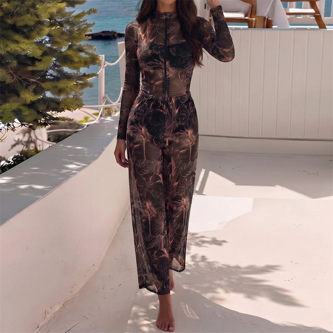 S - XXL New Leaves Printed Long Sleeve With Zipper Pants One Piece Swimsuit Women Swimwear Female Bather Bathing Suit Swim V8355