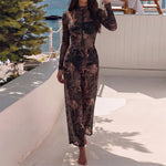 S - XXL New Leaves Printed Long Sleeve With Zipper Pants One Piece Swimsuit Women Swimwear Female Bather Bathing Suit Swim V8355