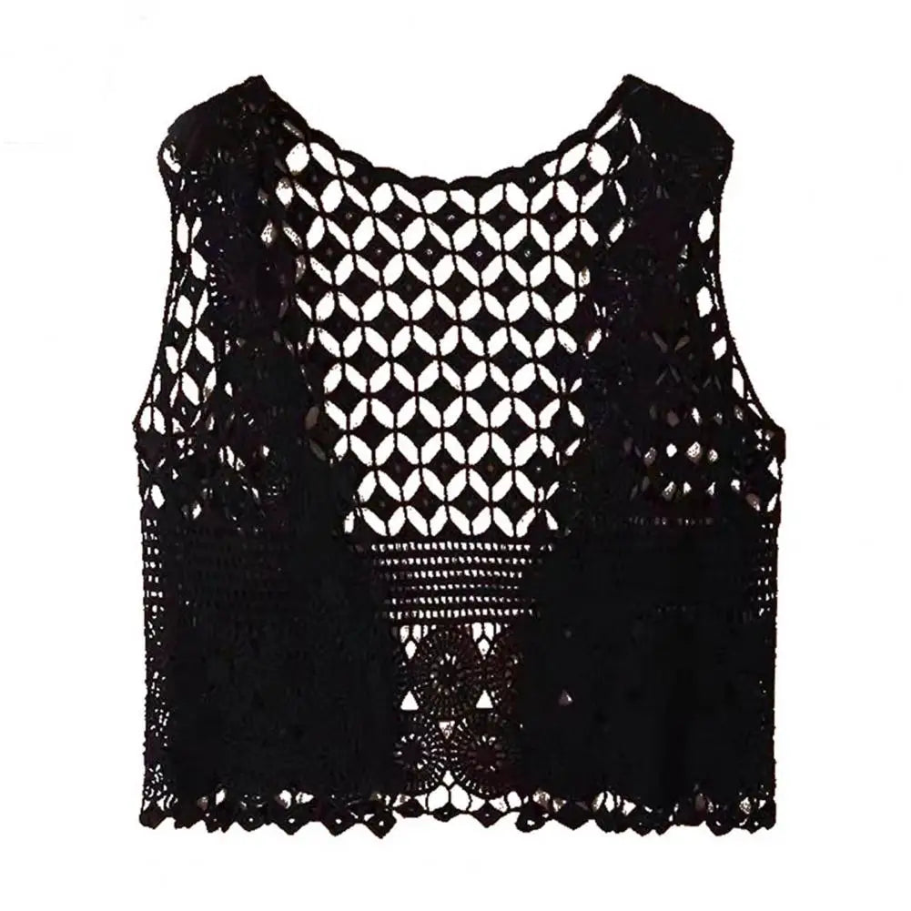 Women Summer Vest Hollow Out Retro Knitted Crochet Sleeveless Loose Open Stitch Thin Cardigan Daily Outwear Coat Top