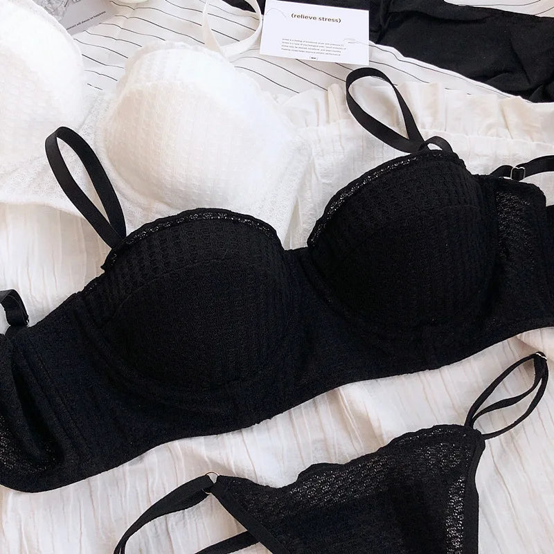 New 6 Color Women Cotton Underwear French Sexy 1/2 Cup Push Up Bra Set Fashion Fluorescent Summer Lace Bra and Thongs Lingerie