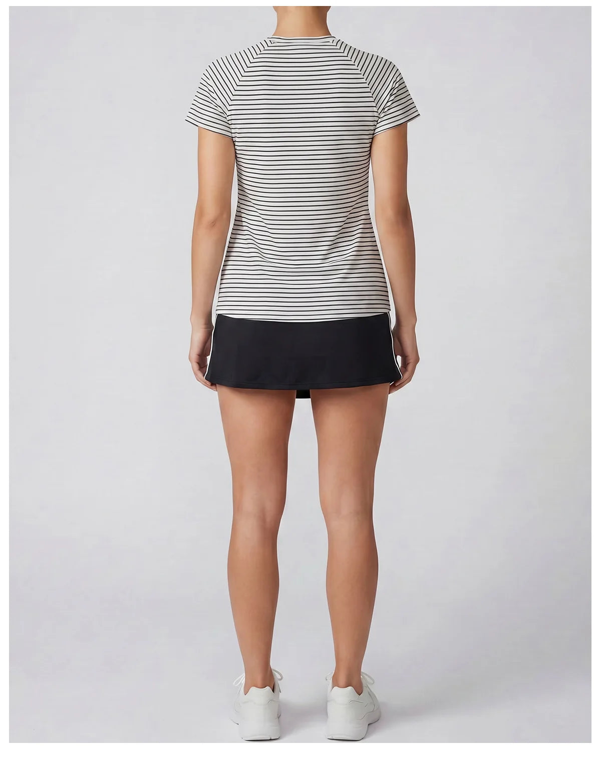 Women's Yoga Outfit Set Black Stripe Tennis Skirt Workout Clothes Short Sleeve O Neck Sports T Shirts Mini Skorts Fitness Sets