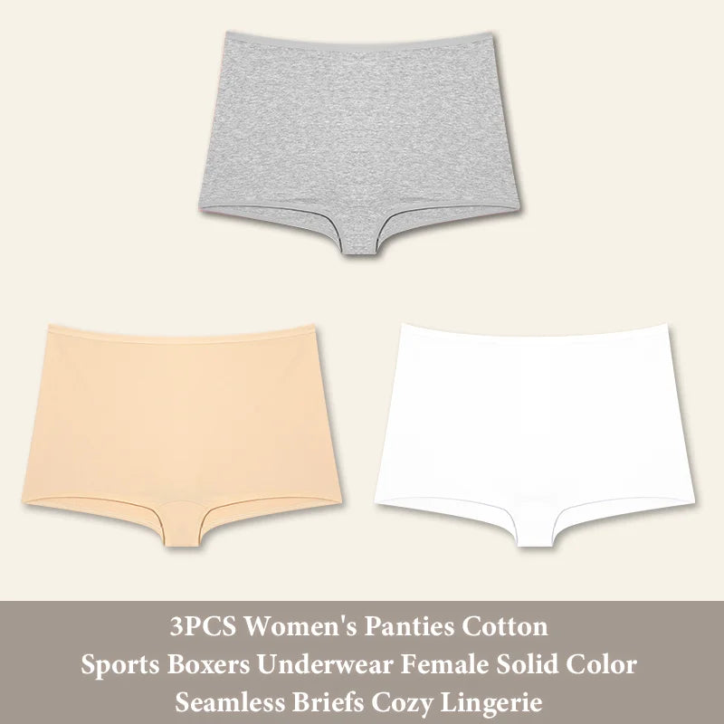 3PCS Women's Panties Cotton Seamless Sports Boxers Underwear Female Solid Color Briefs Cozy Lingerie Intimate Underpants XS-XL