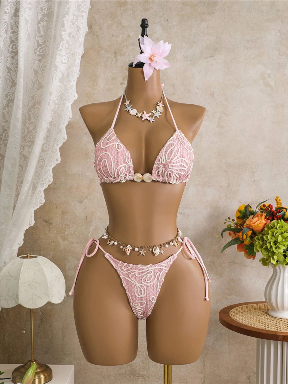 With Sarong Halter Printed Bikini Women Swimwear Female Swimsuit Padded Bather Bathing Suit Swim Three-pieces Bikini set K8073