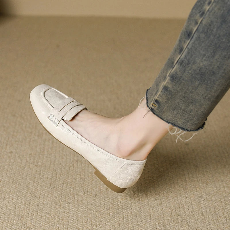 Women Penny Loafer Flats Soft Wrinkled Faux Leather Slip On Square Toe Low Heel Casual Office Daily Shoes