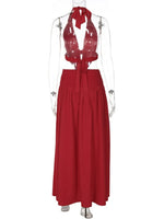 FDYOUI Sexy Halter Neck Backless Wedding Party Dress Women 2026 Summer Hollow Out Lace-up Long Maxi Evening Dresses Red Gowns