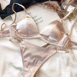Summer Women Underwear Set Sexy Silken Triangle Cup Wireless Bras French Bralette Seamless Intimates Bra and Thong Lingerie Set