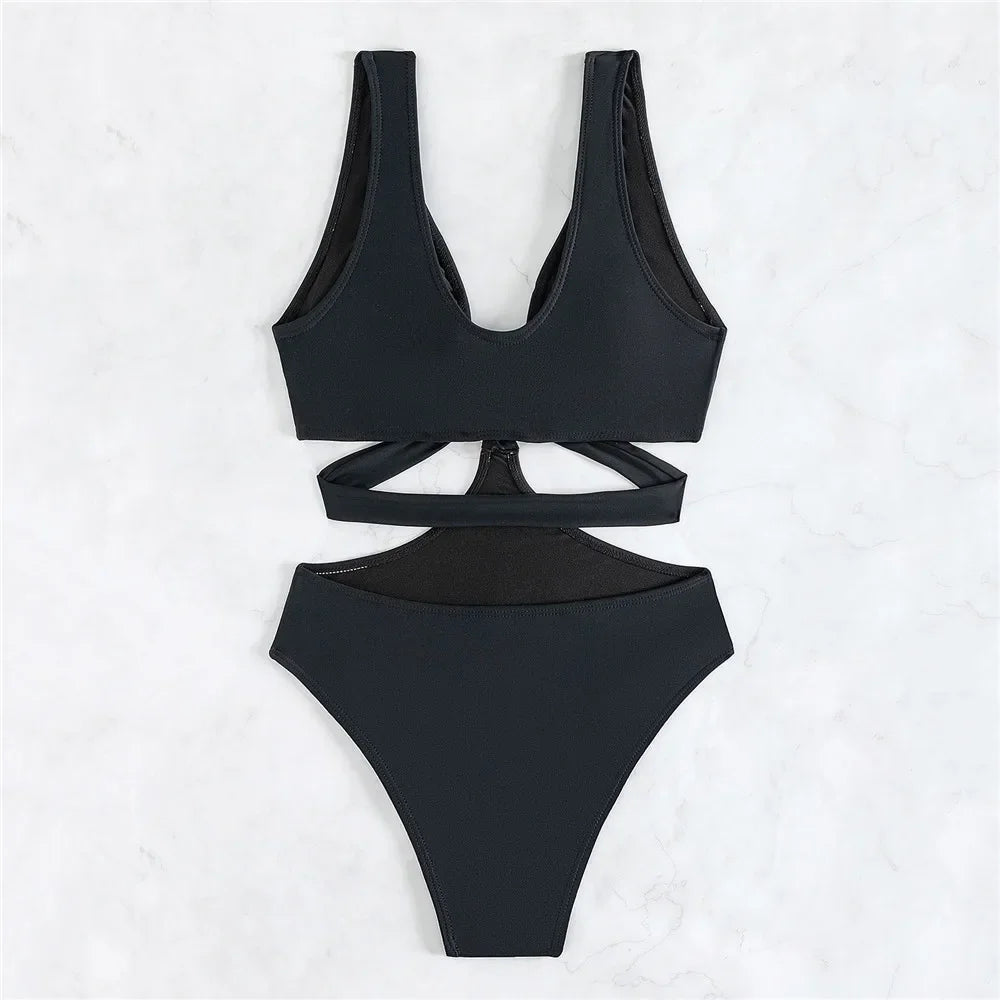Black Bandage Hollow Out Swimwear One Piece Swimsuit Women Push Up Metal Ring Linked Monokini Bathing Suit Swimming Wear 2026