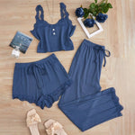 Ladies Autumn and Winter Three-Piece Pajamas Set Including Vest Shorts and Long Pants, Lace Camisole sexy Home Pajamas Set