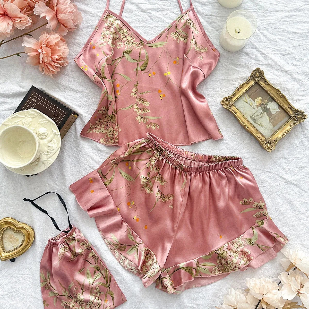 Elegant Floral Print Cami Tops Ruffle Hem Shorts Pajama SetWomen's Sleepwear Loungewear
